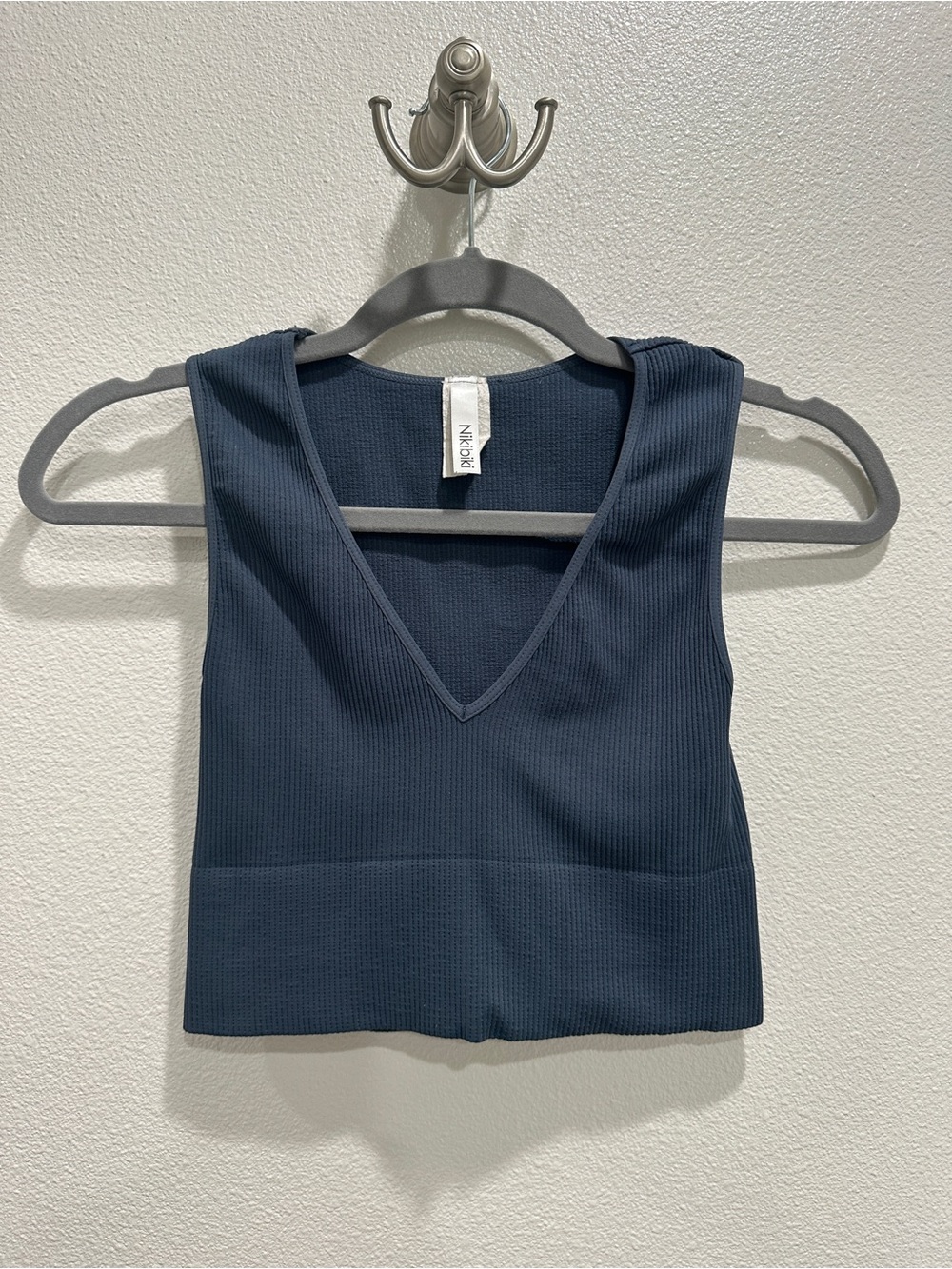 Nikibiki Ribbed V-Neck Crop Tank in Deep Navy